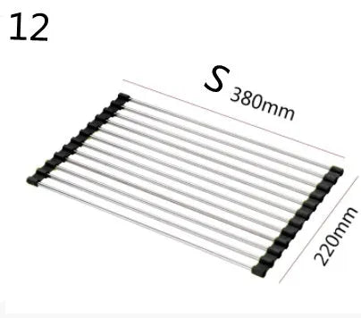 Folding stainless steel kitchen drain rack with coloured plastic tubes, shown open for use.