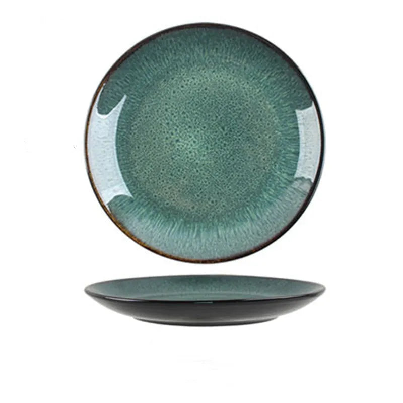 Retro European style porcelain bowls and plates set with round shape on dining table