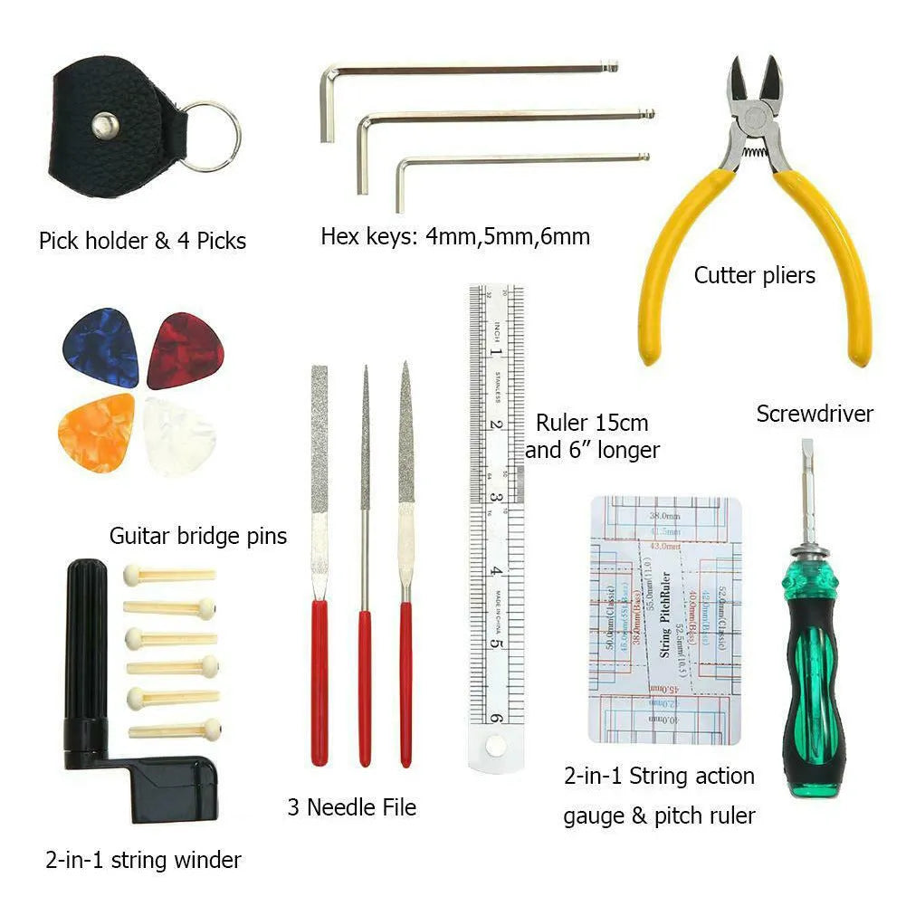 Black guitar repair kit case measuring 200x100x45mm containing metal and plastic tools for instrument maintenance
