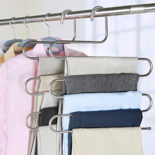 Adjustable 5-Tier Pants Rack in stainless steel with non-slip coating for space-saving closet organization