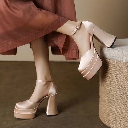 Women's white waterproof platform high heels with chunky heel and round toe design