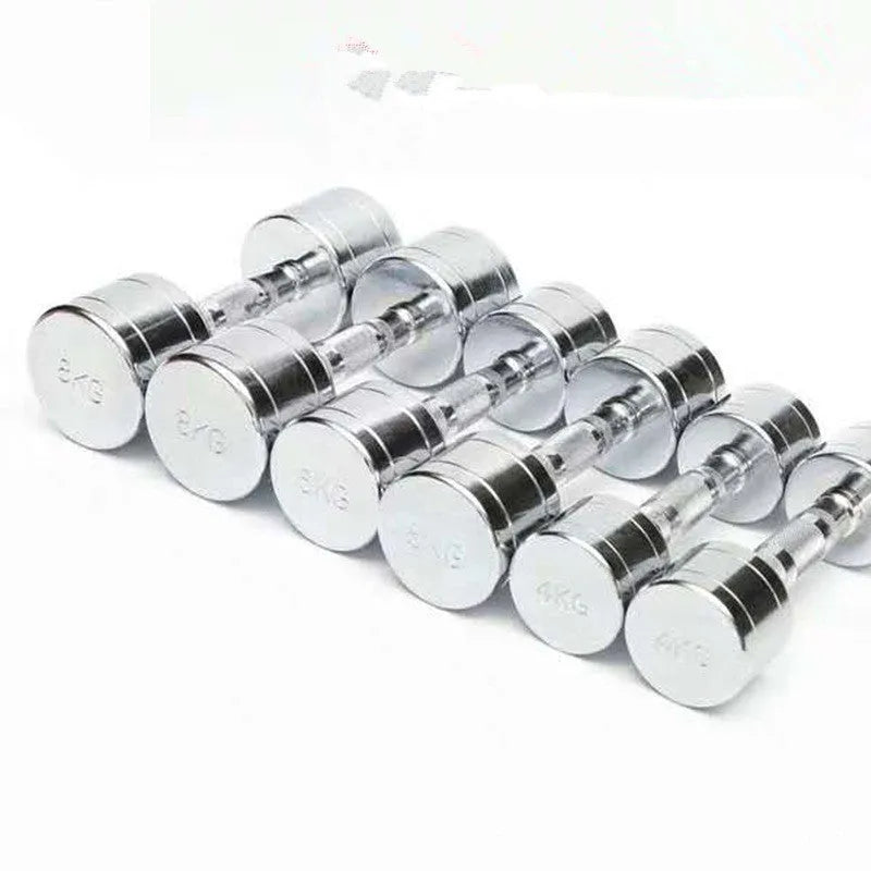 Silver pure steel electroplated dumbbell on a grey background, showing ergonomic handle.