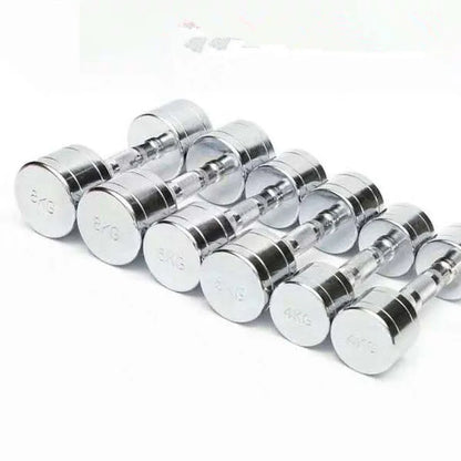 Silver pure steel electroplated dumbbell on a grey background, showing ergonomic handle.