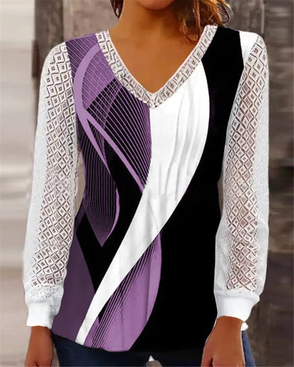 Loose V-neck women's top with hollow-out lace print in purple, wine red, grey or blue