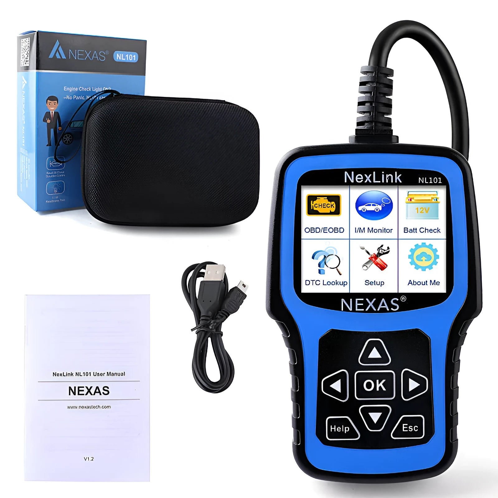 NexLink Nexas NL101 OBD2 car diagnostic scanner and code reader on a dark background.