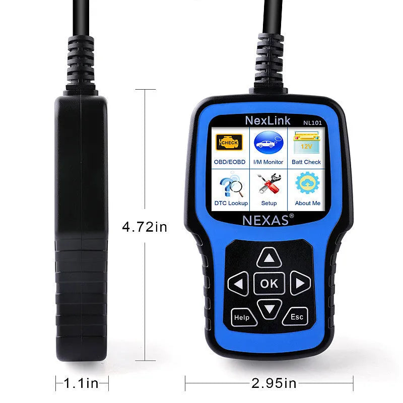 NexLink Nexas NL101 OBD2 car diagnostic scanner and code reader on a dark background.
