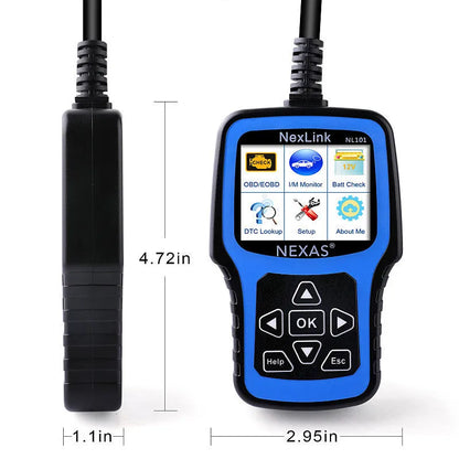 NexLink Nexas NL101 OBD2 car diagnostic scanner and code reader on a dark background.