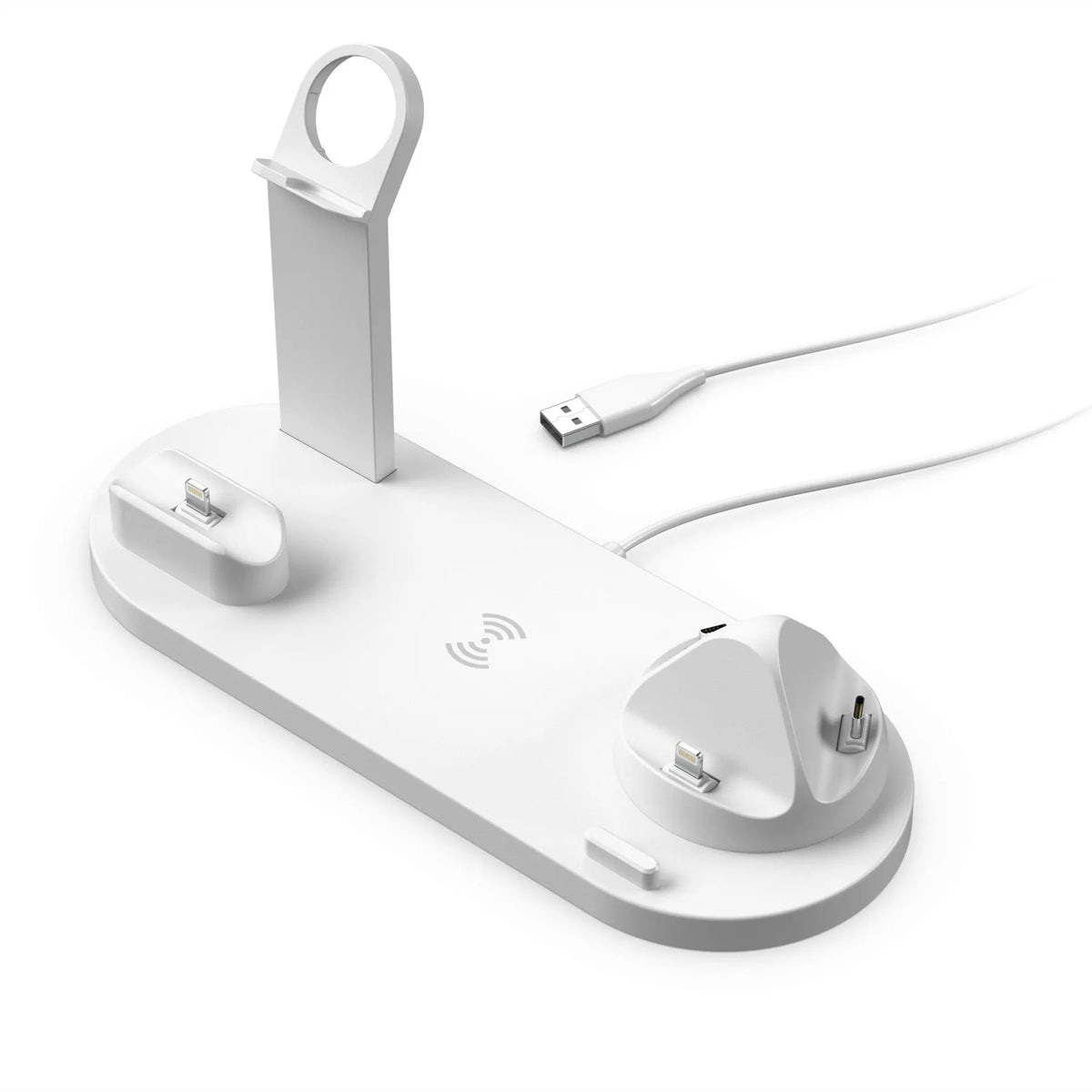 Black universal mobile phone and smartwatch charging stand with wireless pad on desk