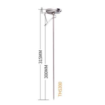 Pen-type food thermometer with long stainless steel temperature probe.