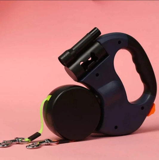 Dual-headed retractable dog leash with LED flashlight for walking two dogs safely at night