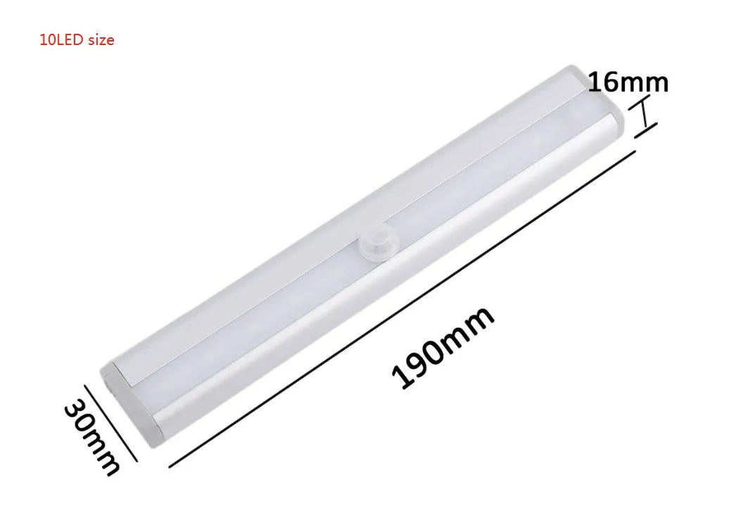 A matte aluminium LED closet light with a magnetic back, shown mounted inside a wooden wardrobe.