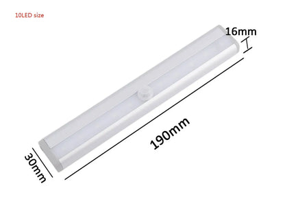 A matte aluminium LED closet light with a magnetic back, shown mounted inside a wooden wardrobe.