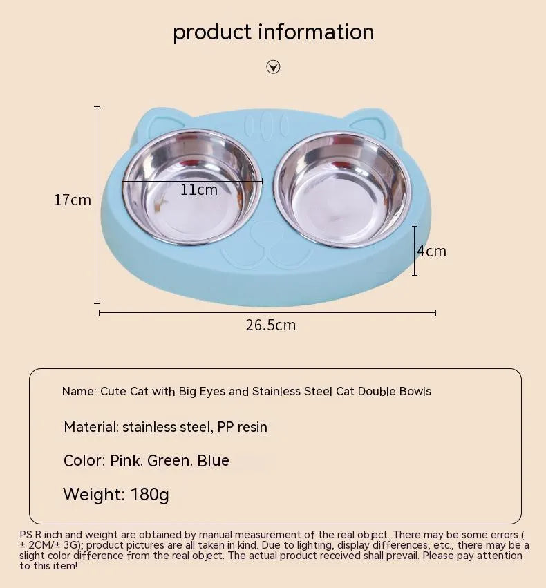 Stainless steel cat face bowl for cats in blue, green, or pink, single pet tableware bowl
