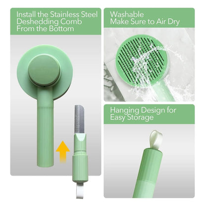 Green and yellow pet grooming brush with stainless steel needles measuring 17.5x8cm