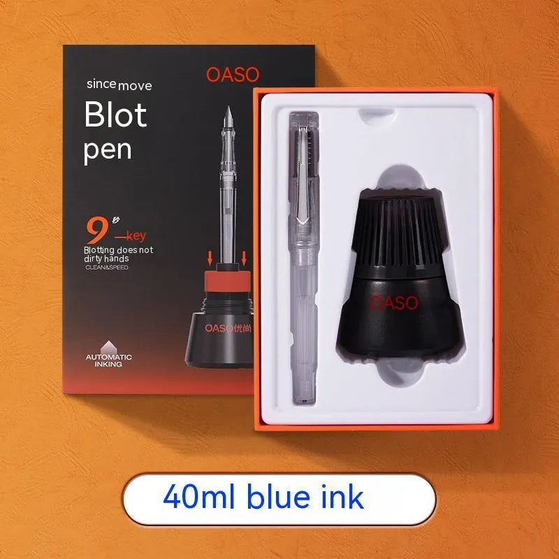 Student automatic suction pen set showing pen, ink feeder, and handbag with 0.38mm and 0.5mm nib options