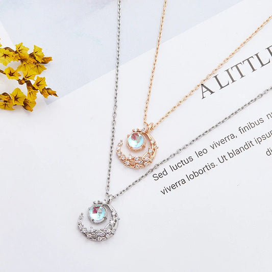 Elegant Ladies Moon Pendant Necklace with adjustable chain and diamond-cut detailing