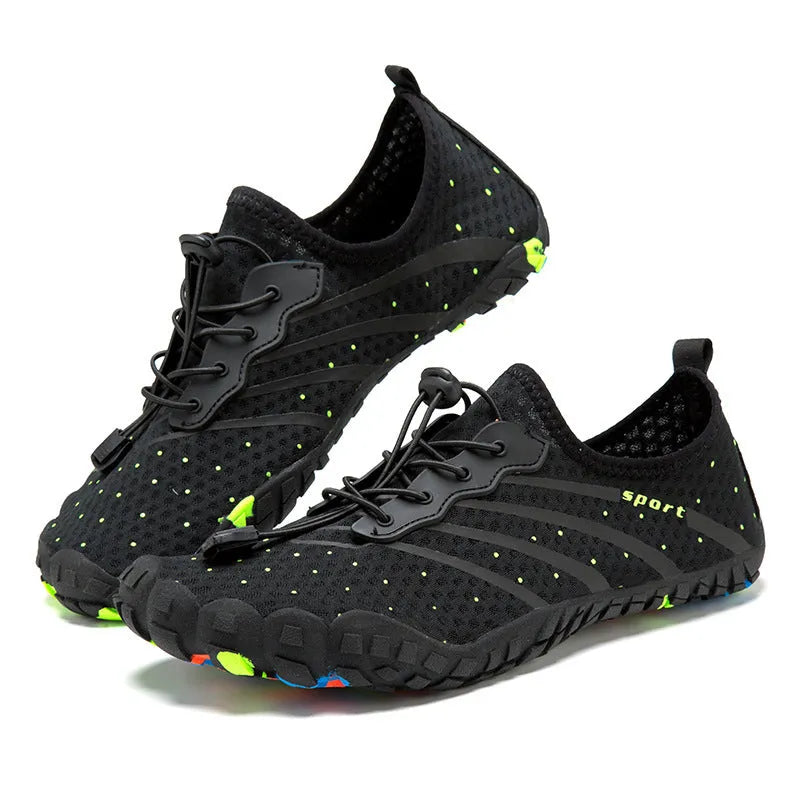Beach swimming shoes for couples and outdoor fitness activities with fast drainage, mesh fabric upper, natural rubber sole, low-top design, and available in army green, black, or purple colours in sizes 35 to 46 for upstream wading and leisure hiking.