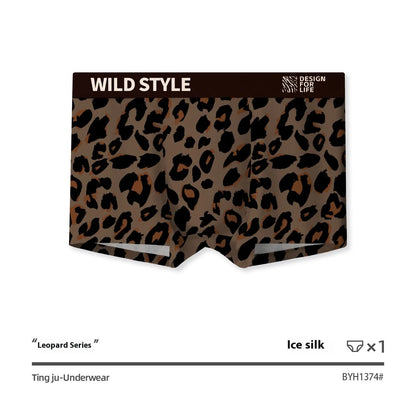 Men's leopard print polyester underwear trunks in mid waist style on a white background.