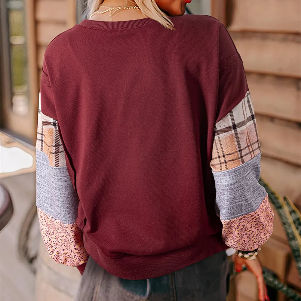 Women's beige and red plaid stitching long-sleeved polyester top with loose Japanese-Korean casual style