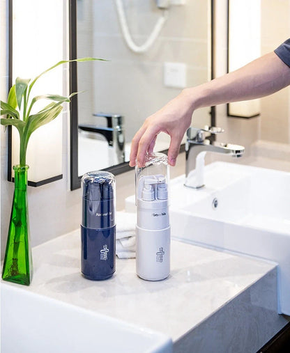 Multifunctional wash cup set with mirror and comb in blue and white