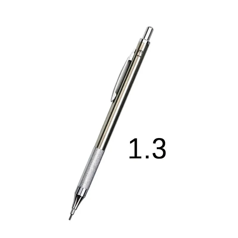 Metal automatic mechanical pencil showing multiple lead diameter options including 0.5 mm, 0.7 mm, 0.9 mm, 1.3 mm, and 2.0 mm