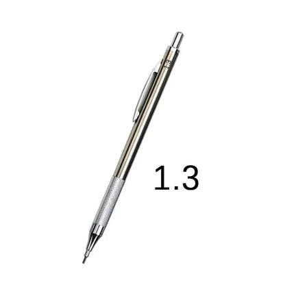 Metal automatic mechanical pencil showing multiple lead diameter options including 0.5 mm, 0.7 mm, 0.9 mm, 1.3 mm, and 2.0 mm