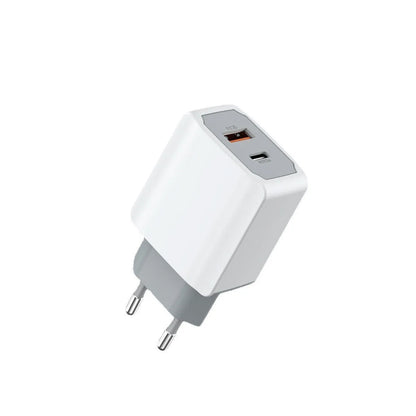 White phone fast charger set with compact charging head and USB cable on a white background.