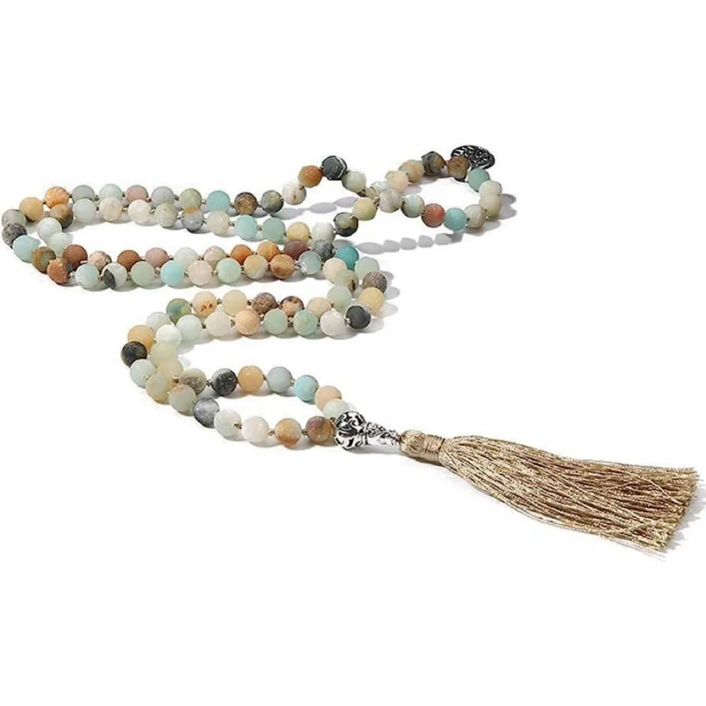 Handmade long stone beaded necklace with 108 8mm beads in a choice of 12 natural colours.