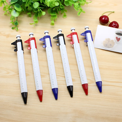Orange multifunction ballpoint pen with integrated silver slide caliper, showing 15cm length and 0.5mm tip.