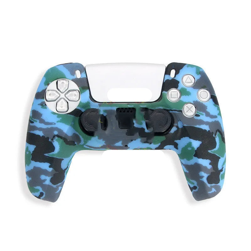 Camouflage pattern silicone protective case for PS5 DualSense controller showing textured grip surface