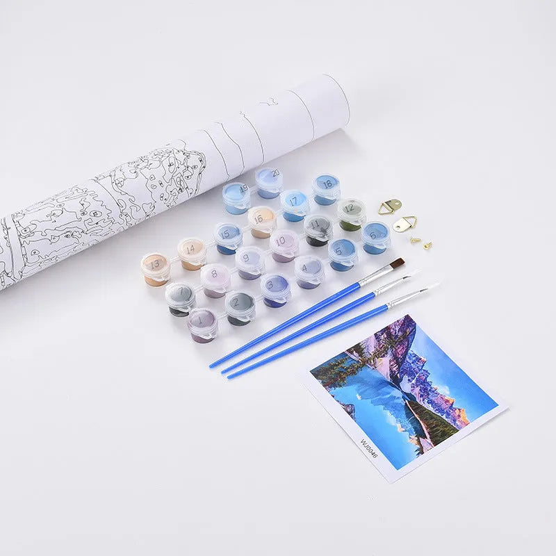 DIY digital oil painting kit showing sea view villa pattern on 40x50cm linen canvas with acrylic paints and brushes
