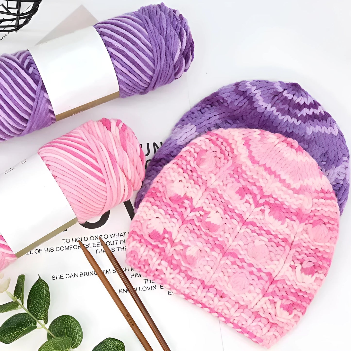 Eight strands of gradient milk cotton wool in a ball, showing multiple colour options for hand knitting.