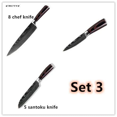 Premium chef knife set with high-performance stainless steel blades, featuring a striking Damascus pattern and ergonomic color-coated handles