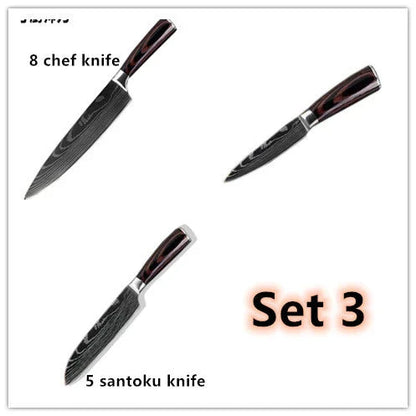 Premium chef knife set with high-performance stainless steel blades, featuring a striking Damascus pattern and ergonomic color-coated handles