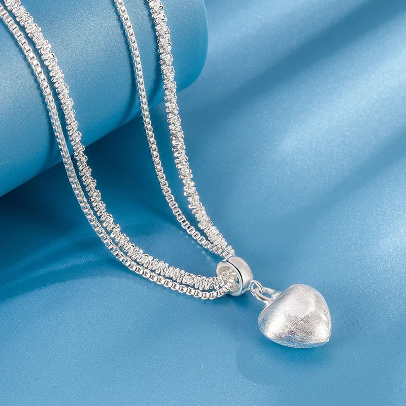 Double layer brushed heart pendant necklace for women with water wave chain