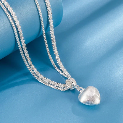 Double layer brushed heart pendant necklace for women with water wave chain
