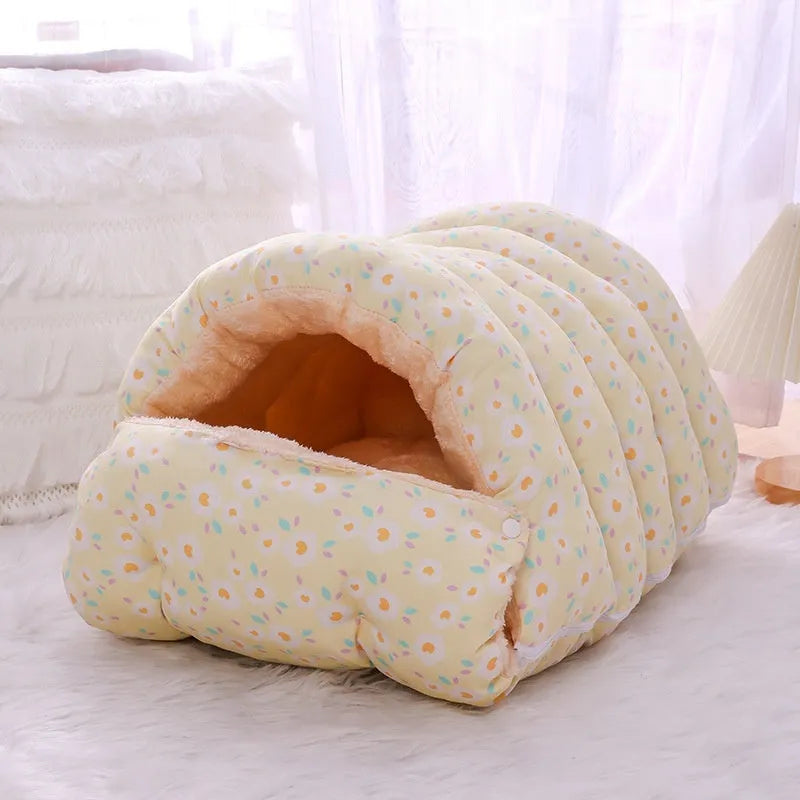 Enclosed winter cat nest with removable cover in a small blue flower print pattern.