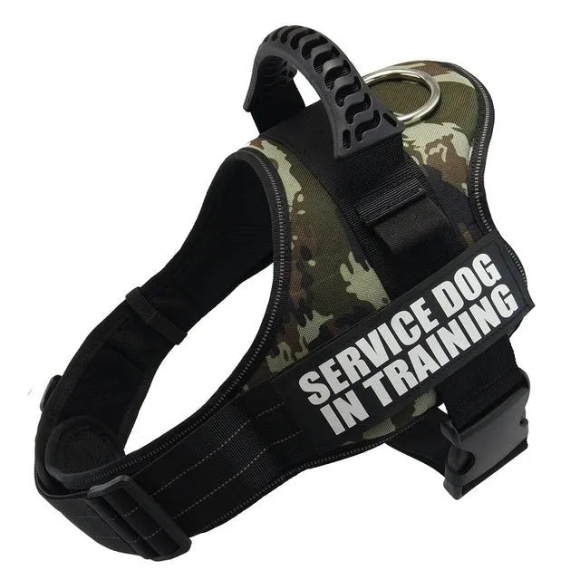 Adjustable reflective nylon dog harness vest with a sturdy handle and chest strap, shown on a size chart.
