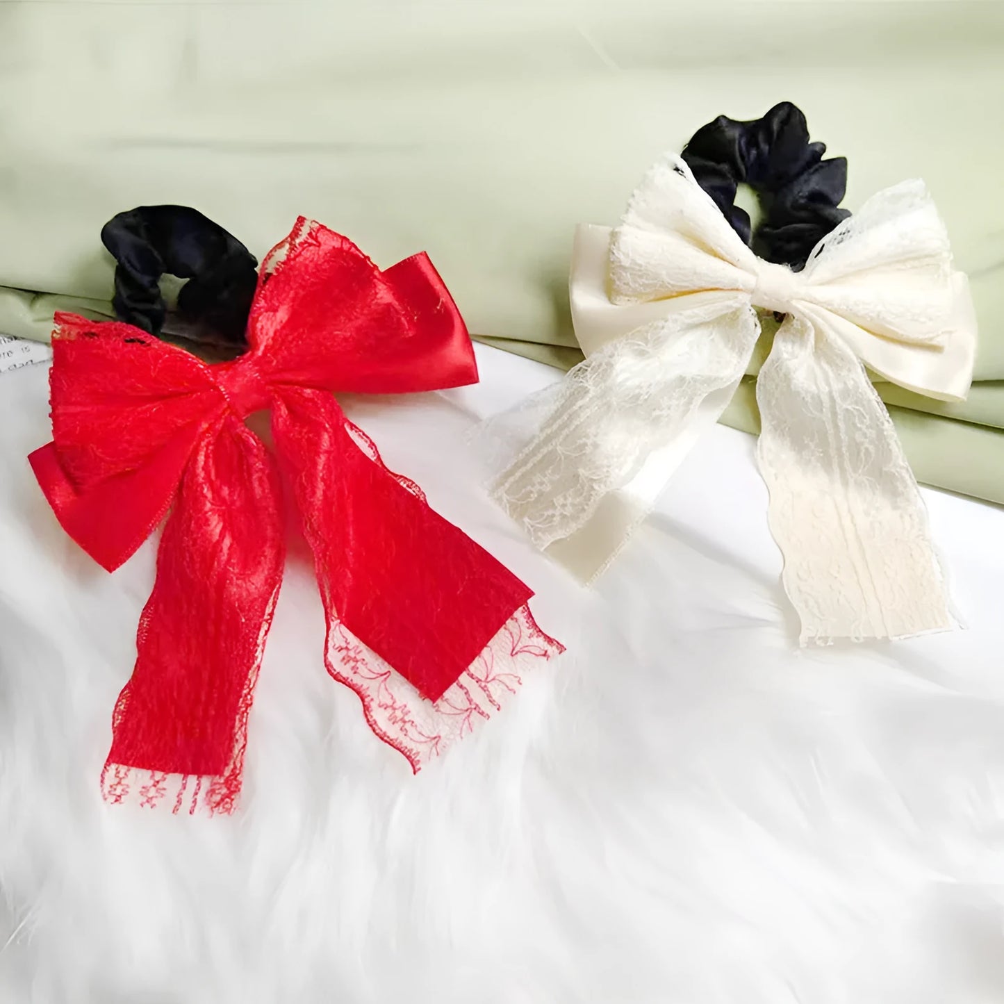 Velvet lace double layer ribbon bowknot hair ring in ivory white and red colours with high elasticity