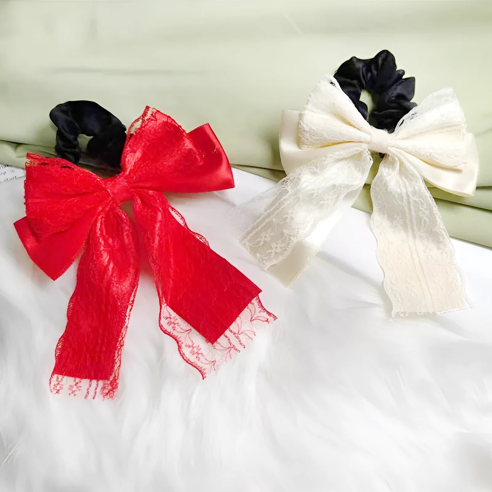 Velvet lace double layer ribbon bowknot hair ring in ivory white and red colours with high elasticity