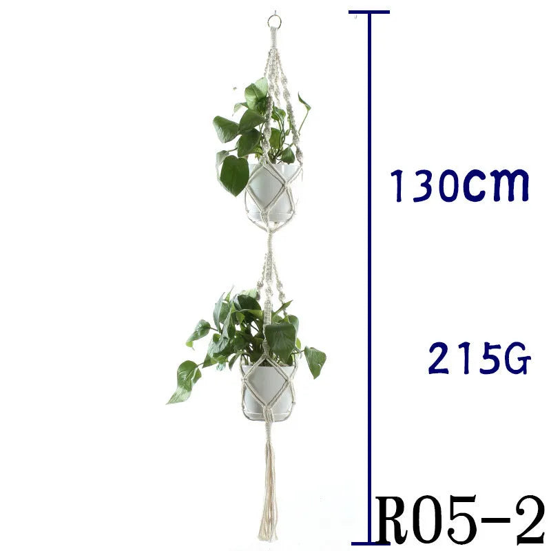 Handmade beige cotton rope net bag holding a plant pot, showing its textured sling design.