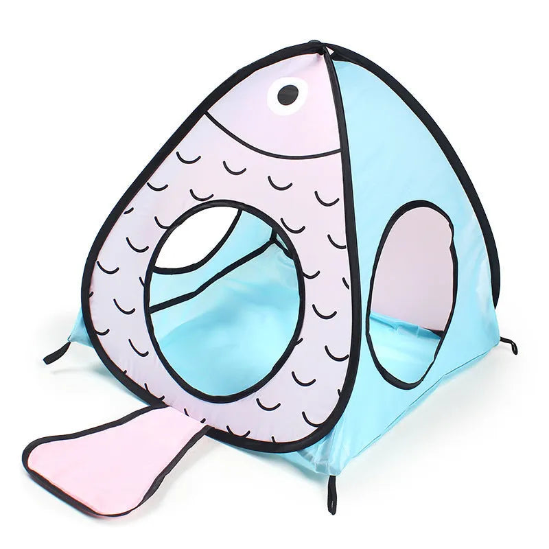 Collapsible grey pet tunnel with cat and fish graphic, shown folded and unfolded
