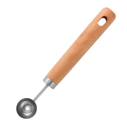 Stainless steel watermelon cutting tools with wooden handles including fruit knife, carving knife and ball cutter