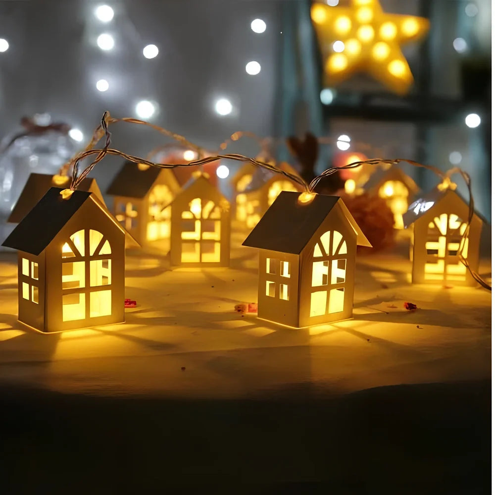2-metre string of 10 LED wooden house lights, each 6.5x5.5x4cm, warm white glow for Christmas decorations