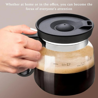Black glass coffee cup with coffee pot style design, 470ml capacity