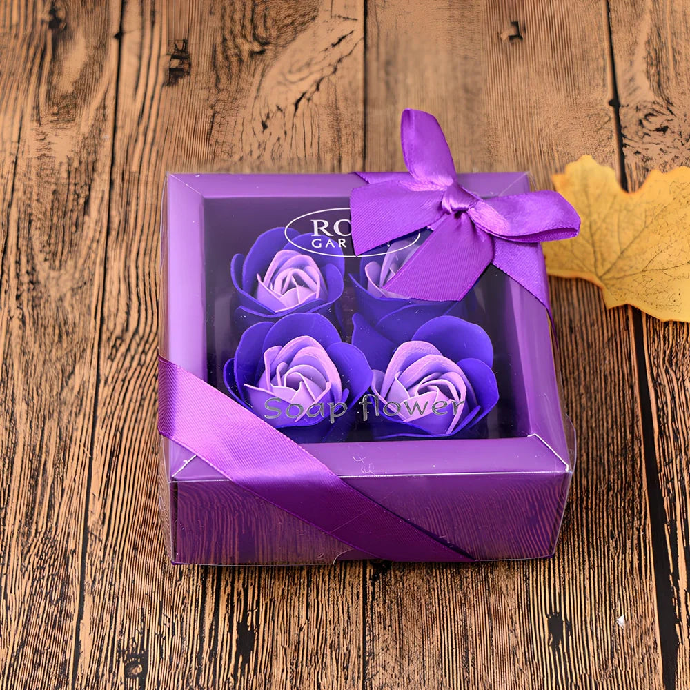 Handmade soap flowers in red heart-shaped tin box measuring 12x12x5cm
