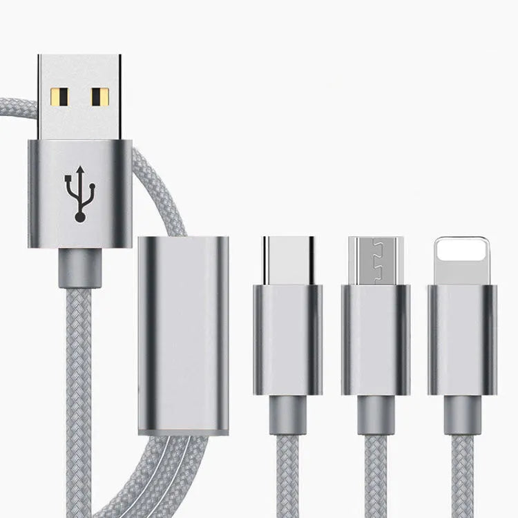 A 1.2 metre three-in-one charging cable showing Micro USB, Lightning, and USB-C connectors in a choice of colours.