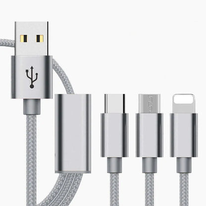A 1.2 metre three-in-one charging cable showing Micro USB, Lightning, and USB-C connectors in a choice of colours.