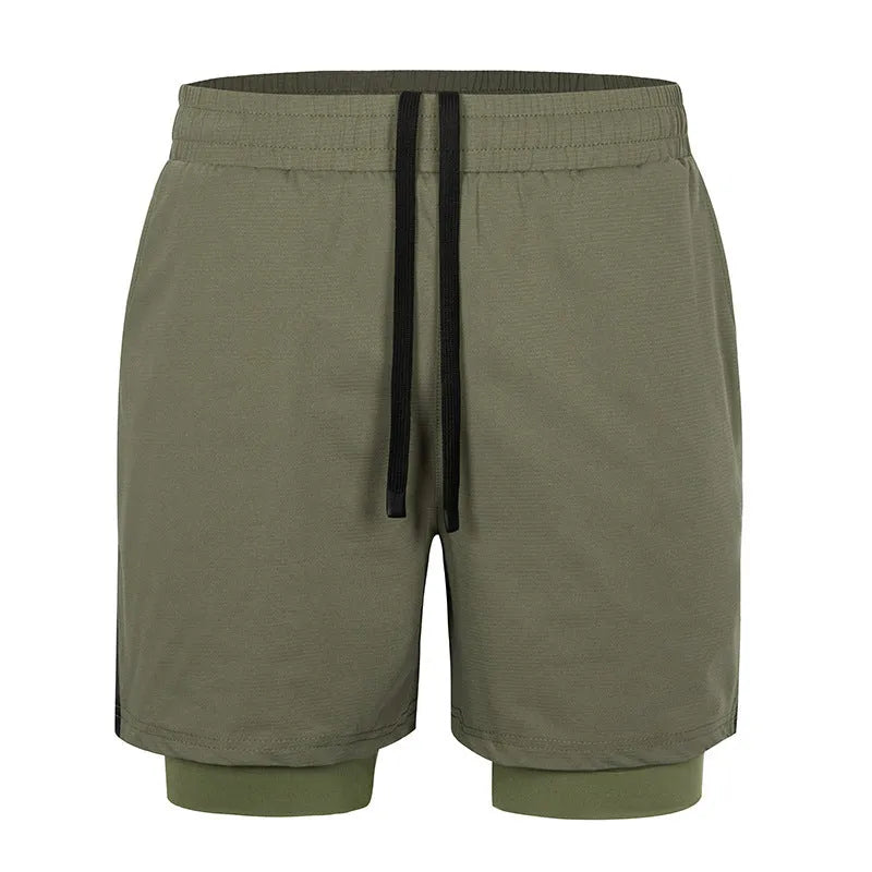 Men's small plaid quick-dry sports shorts in polyester, shown in multiple colours including army green and fluorescent yellow.