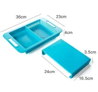 Blue multifunction kitchen chopping board with integrated sink drain basket and TPE handle.